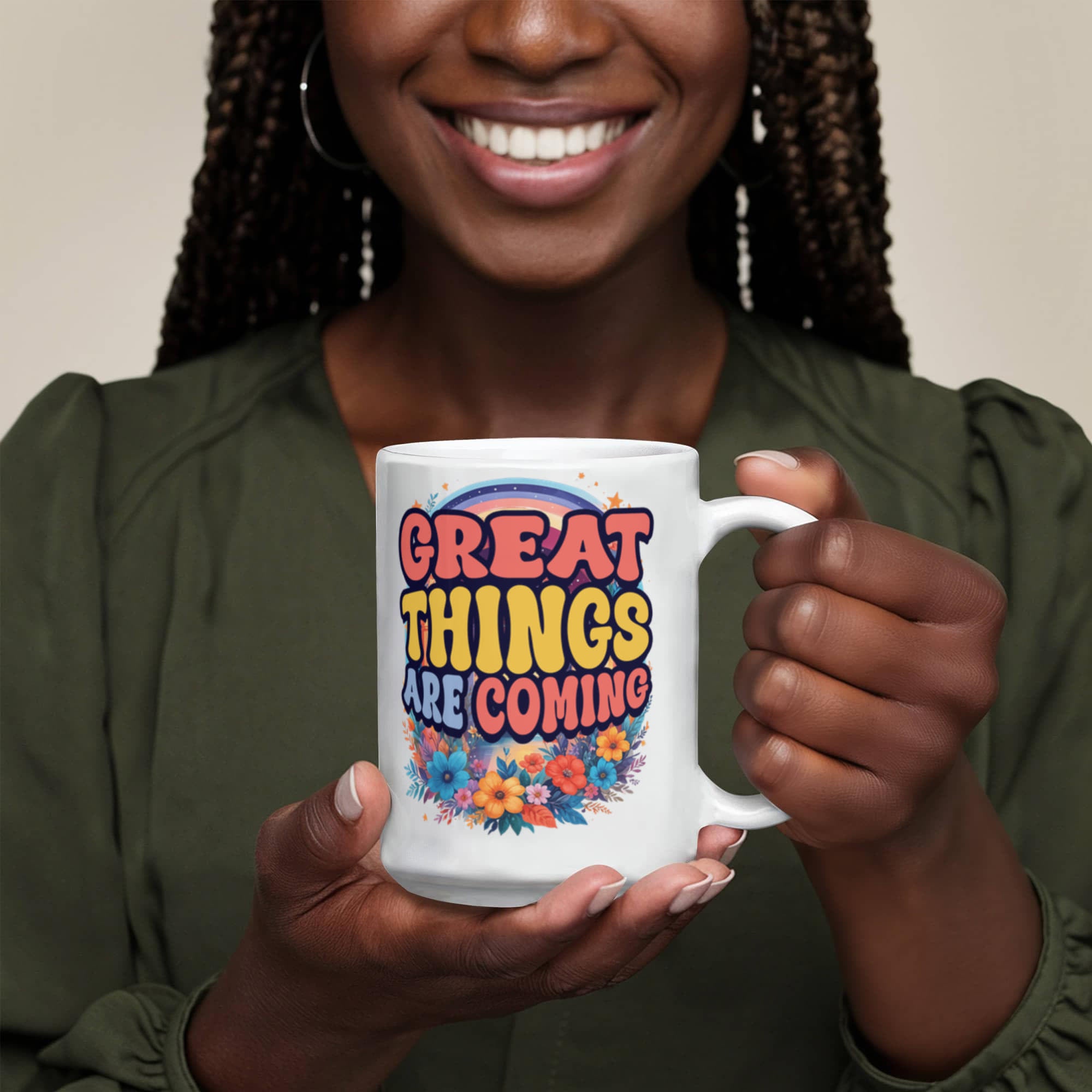 De belles choses arrivent – Mug en céramique blanche